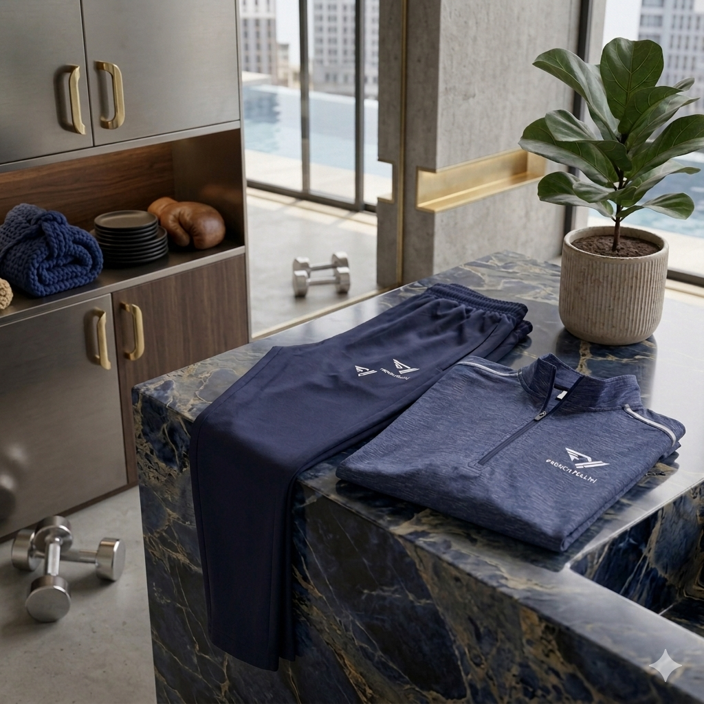 Ensemble Quart-Zip & Pantalon de Sport Bleu Chiné